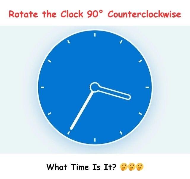 A simple blue analog clock showing 3:35. Can you figure out what time it will show after a 90-degree counterclockwise rotation?
